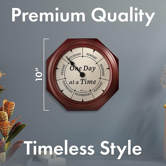 Classic “One Day at a Time” Day of The Week Wall Clock - 10" Solid Mahogany Wood Frame, Ideal Retirement Gift for Men and Women, Day Clock for Seniors and Retirees