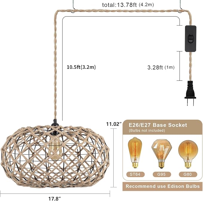 Coastal Large Woven Plug in Pendant Light with 14ft Handmade Woven Light Cord, Rustic Handmade Hemp Rope Hanging Lamp for Bedroom Kitchen Island Farmhouse Dining Room Living Room,17.8 inch Width