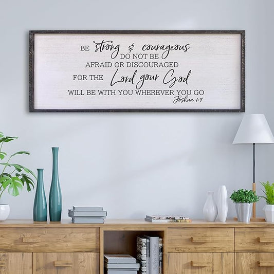 Be Strong And Courageous Sign Wall Decor 32"x12" Large Farmhouse Living Room Plaque Joshua 1:9 Bible Verse Inspirational Quote Positive Faith Home Hanging Rustic Catholic Scripture Christian Art (Black)