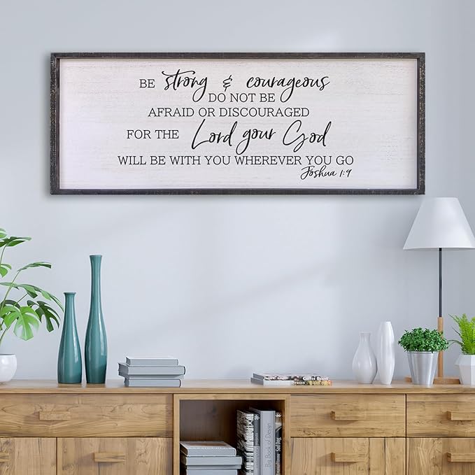 Be Strong And Courageous Sign Wall Decor 40"x15" Large Farmhouse Living Room Plaque Joshua 1:9 Bible Verse Inspirational Quote Positive Faith Home Hanging Rustic Catholic Scripture Christian Art (Black)