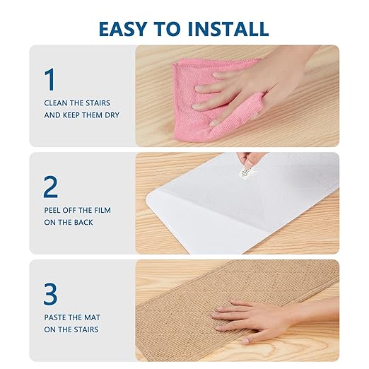 KOOTETA Stair Treads for Wooden Steps Indoor, 8" X 30" Non Slip Carpet Stair Treads with Reusable Adhesive for Kids Elders and Dogs, Surface Polyester TPR Backing Stair Rugs, 4 Pack Beige