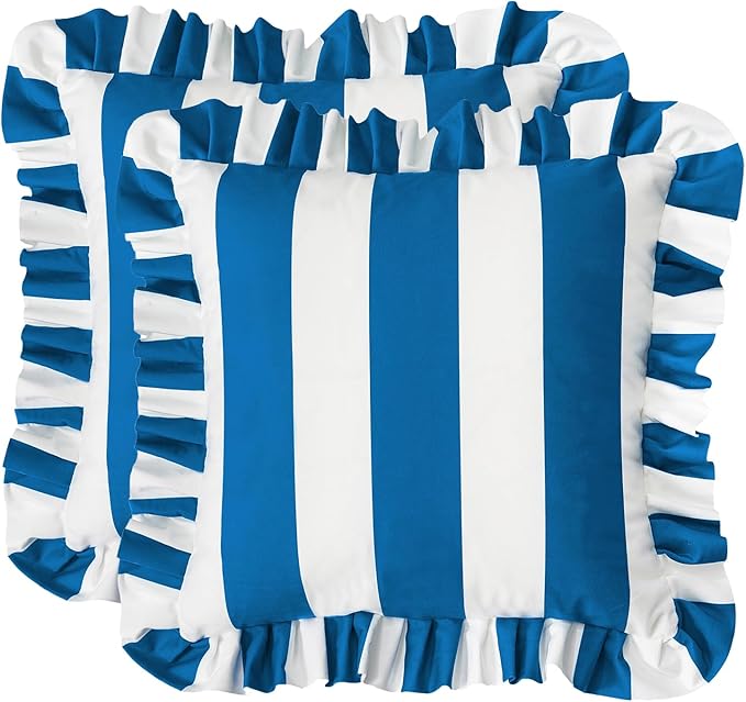 MONDAY MOOSE Decorative Throw Pillow Covers, Set of 2 Water-Resistant Striped Design with Ruffle Edge for Outdoor/Indoor Use, Pillow Inserts Not Included (18x18 inch, White/Blue)