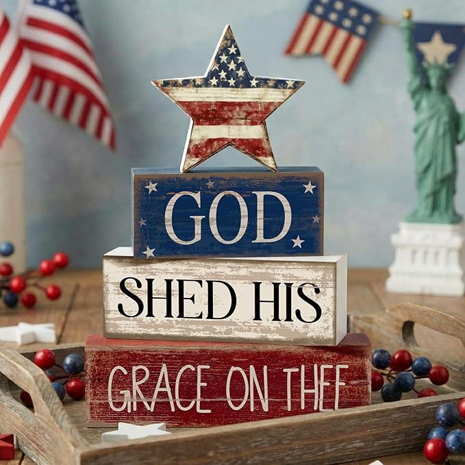 CroBlissful 4 Pcs 4th of July Decorations Patriotic Memorial Day Tabletop Decoration Red White Blue Table Centerpieces Sign for Office Tiered Tray Home Shelf 250th Anniversary(God Star)