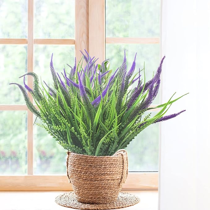 Grunyia 10 Bundles Artificial Plants Outdoor Fake Grass with Flowers UV Resistant Greenery Garden Porch Window Box Decorating (Purple)