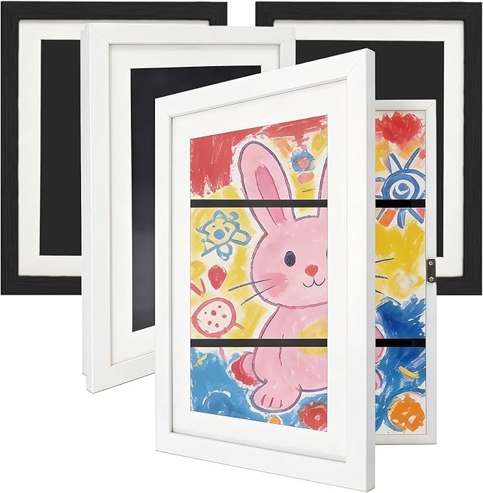 Kids Art Frames 8.5x11, 4-Pack Front Opening Changeable Picture Frames for Kids Artwork, Holds 150 Pieces Each, Artwork Storage and Wall Display Frame for Drawings, Portfolio, Black & White