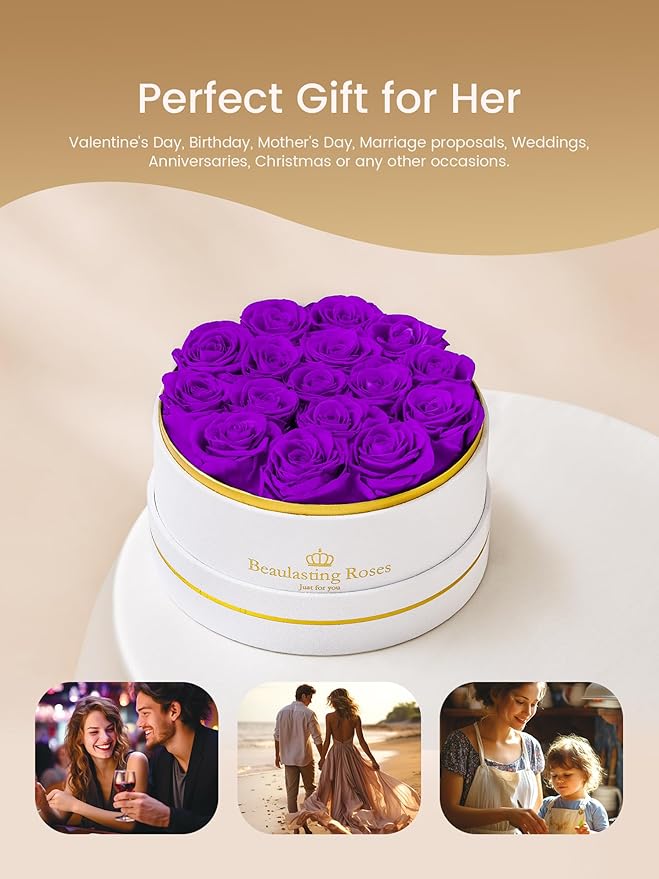 16 Preserved Roses Forever Flowers Real Roses in a Box Mother's Day Birthday Flowers for Her Mom Women Wife Valentine's Day, Purple Roses