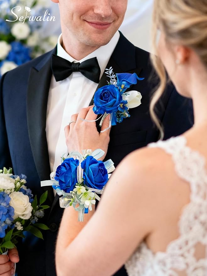 Serwalin Blue Prom Corsage and Boutonniere Set, Artificial Calla Lily & Rose Wrist Corsage Wristlet for Homecoming, Formal Dance, Wedding Flowers Accessories Party Suit Decorations