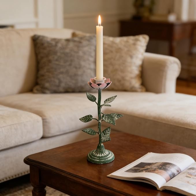 2-Piece Vintage Rose Taper Candle Holders, Distressed Green Metal Candlestick Stands with Pink Floral Design, 12.2" Tall Rustic Farmhouse Tabletop Decor for Wedding, Dining & Home