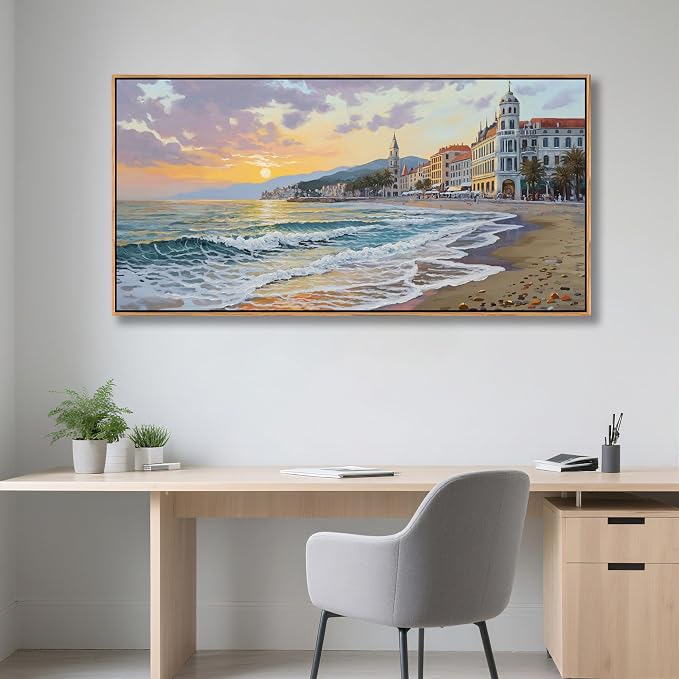YDYSUNE Framed Retro Sunset Beach Coastal Canvas Wall Art, Ocean Seaside Wall Decor for Living Room Bedroom Office Dining Room Home Decoration, 24"×48"