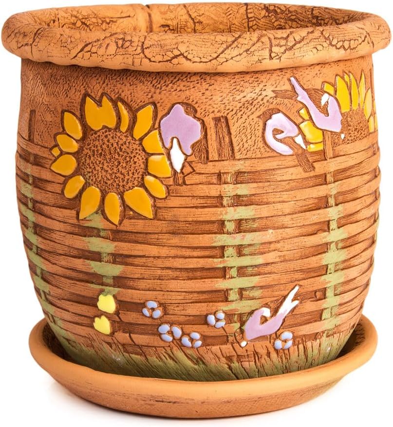 Ceramic Pot with Drainage Hole and Saucer, Plant Pots, Modern Decorative Planters for House Plants Indoor Flowers Plants, Cute Flower Pot - Gifts (Wicker (1.6 L))