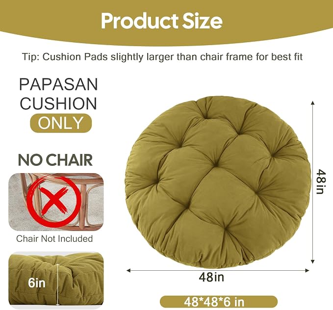 idee-home Papasan Chair Cushion, Circle Papasan Chair Cushion(Cushion Only) | Papasan Cushion with Thick Corduroy Cover, 48 x 48 Inch Cushion for Egg Chair, Light Green