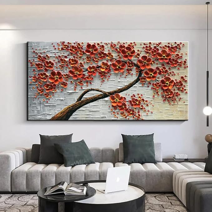 YaSheng Art - 48x24inch Canvas Wall Art, Hand Painted Oil Painting ,Abstract 3D Texture Wall Art Pictures, Red Floral Paintings, Modern Home Bedroom Wall Art Decor, Wall Art for living room, Large Framed oil painting.