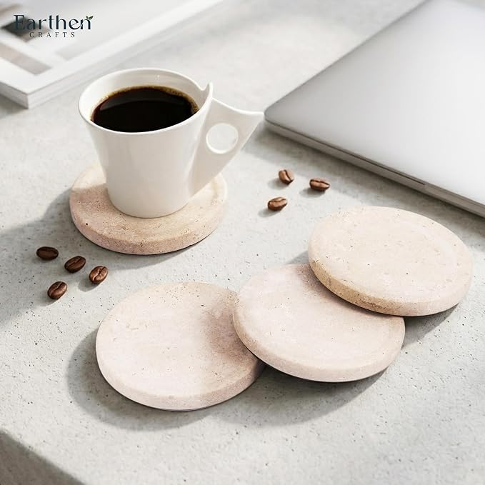 Travertine Marble Coasters Set of 4 for Drinks 4 Inches Round Drink Coaster for Kitchen Countertop, Modern Home Decor and Perfect for Gifting