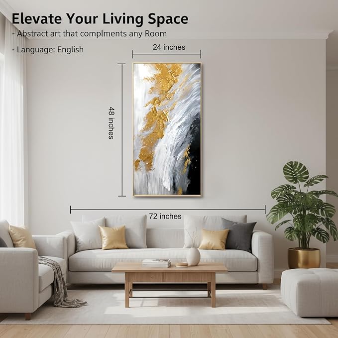 Hand-Painted Black and White Abstract Oil Painting on Canvas for Entrance-Hall, Framed Gold Wall Art for Living Room,Large 3D Wall Picture for Bedroom Kitchen Home Decoration 24x48inch