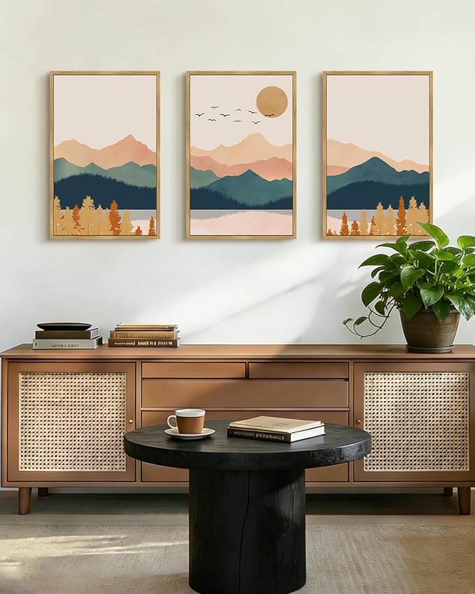 PHOPAGO Mountain Range Landscape Large 16x24in Framed Wall Art Watercolor Nature Laker Paints Boho Sun Rises Rustic Room Decor for Living Room Farmhouse - Natural Framed