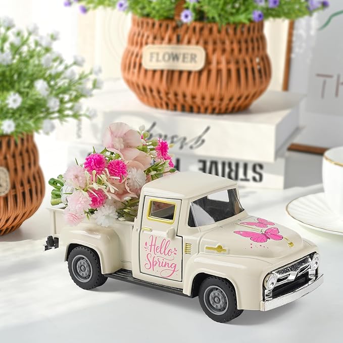Spring Butterfly Truck Decor, Pink Spring Floral Truck Decorations for Home Indoor, Mini Wildflowers Truck Tiered Tray Decor, Rustic Farmhouse Kitchen Tabletop Decorations for Office