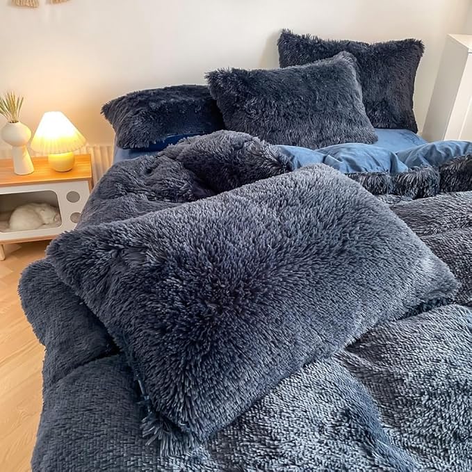 chovy Faux Fur Plush Navy Blue Comforter Sets Twin/Full Size - Ultra Soft Shaggy Flannel Velvet Fluffy Fuzzy 3PC Bedding Set （Comforter x 1 Pillowcases x 2）