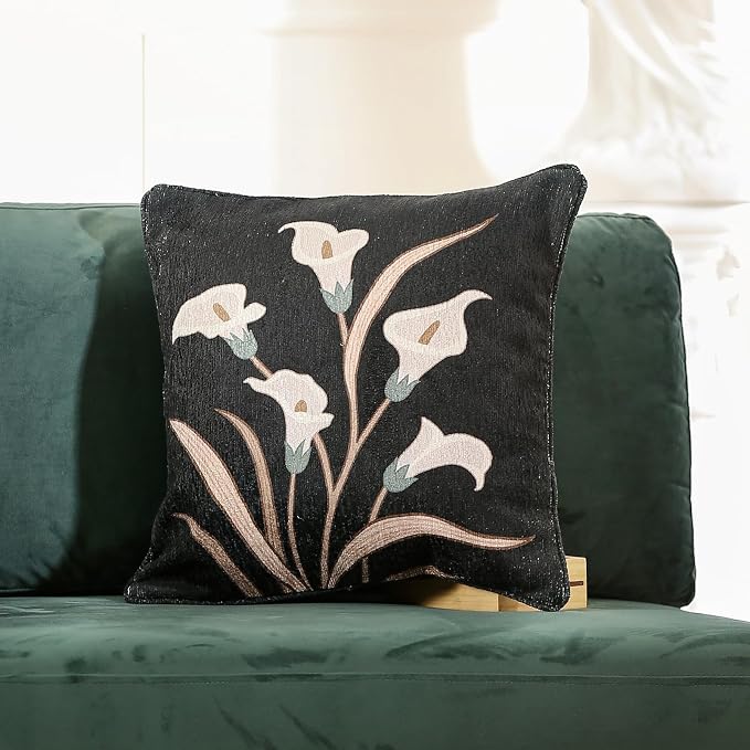 bilin gaier Designer Vintage Linen Throw Pillow Cover,18"x18"-Callalily B | Elegant Square Pillow Cover,Concealed Zipper Design,White Floral Pattern,Sofas,Bedroom,Living Room,Lounge Chairs