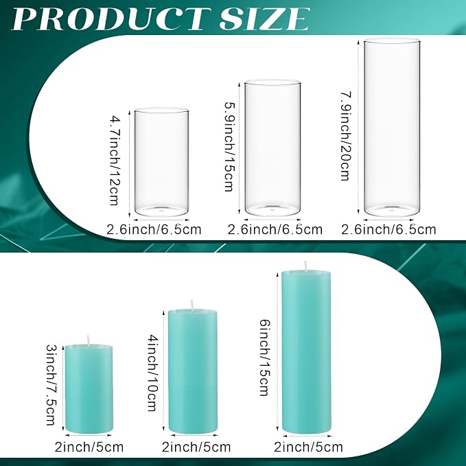 Shihanee Set of 3 Pillar Candles and 3 Glass Cylinder Candle Vases Holders Clear Pillar Jars for Wedding Centerpieces(2.6'' X 4.7'', 5.9'', 7.9'',Lake Blue)