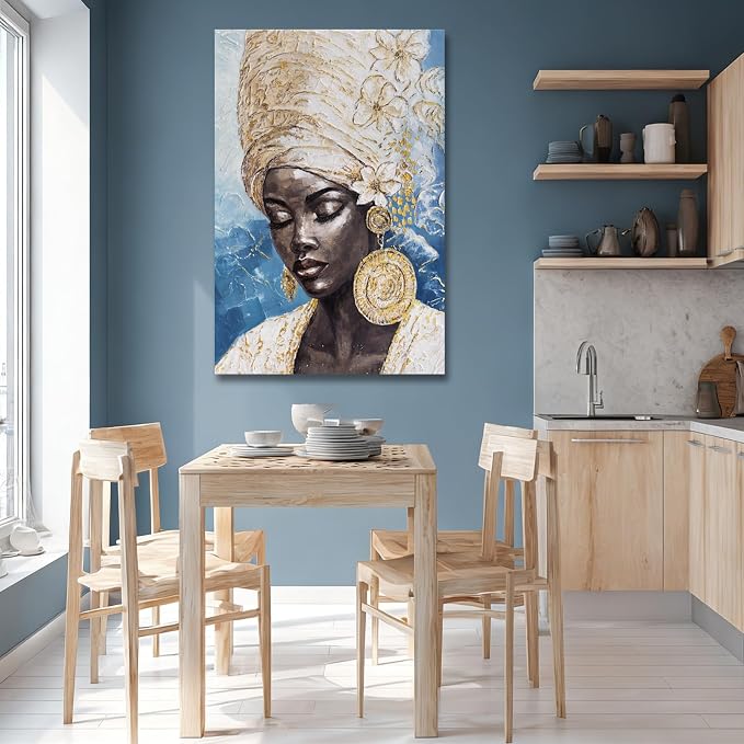 Dolidoteart Blue Gold Black Woman Wall Art, African American Canvas Print Wall Decor for Living Room Bedroom Office, Modern Portrait Artwork, 24x36 Inch