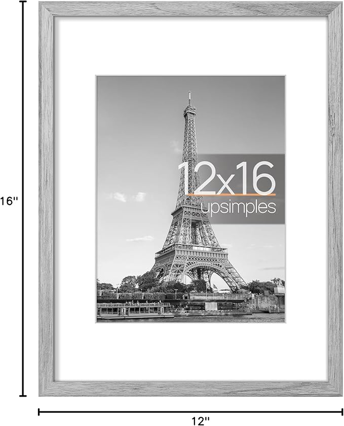 upsimples 12x16 Picture Frame, Display Pictures 8.5x11 with Mat or 12 x 16 Without, Wall Hanging Poster Frames, Gray, 1 Pack