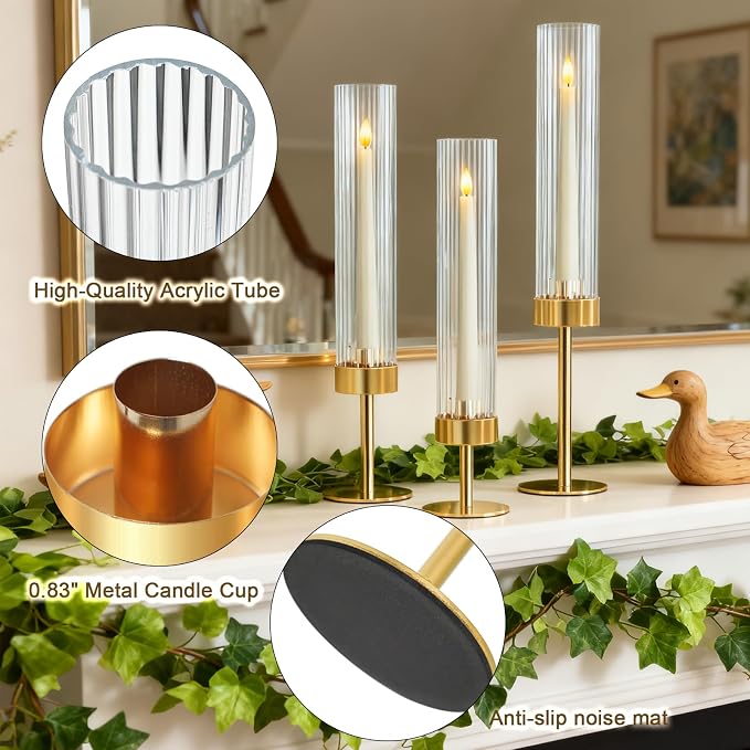 Metal & Acrylic Taper Candle Holders Set of 3 with Ribbed Design - Hurricane Clear Cylinder Candelabra for Wedding, Christmas, Party, Dining Table Centerpiece Decor (Gold, Set of 3)