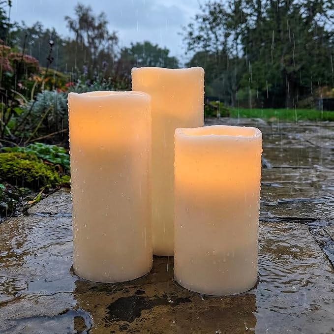 8" 10" 12" x 5" Extra Large Waterproof Outdoor Flameless Candles Battery Operated LED Pillar Candles for Indoor Outdoor Lanterns, Off White, Long Lasting, Set of 3
