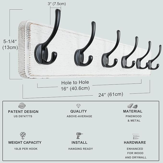 Dseap Wall Mounted Coat Rack: 24" Long, Patented, Heavy-Duty, 6-Double-Hooks Wooden Hanger Rail for Winter Coats, Hat, Jacket, Clothing - White & Black, Pack of 2