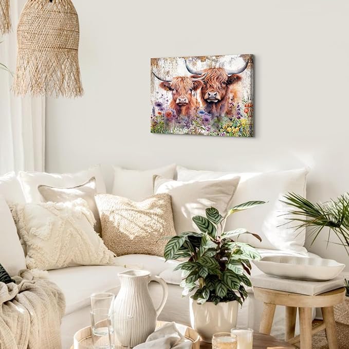 Rustic Cow Pictures Wall Decor Bathroom Farmhouse Highland Cow Wall Art Living Room Vintage Wildflower Cattle Poster Bedroom Farm Animal Canvas Prints Modern Artwork Kitchen Over Bed Decoration 16x24”