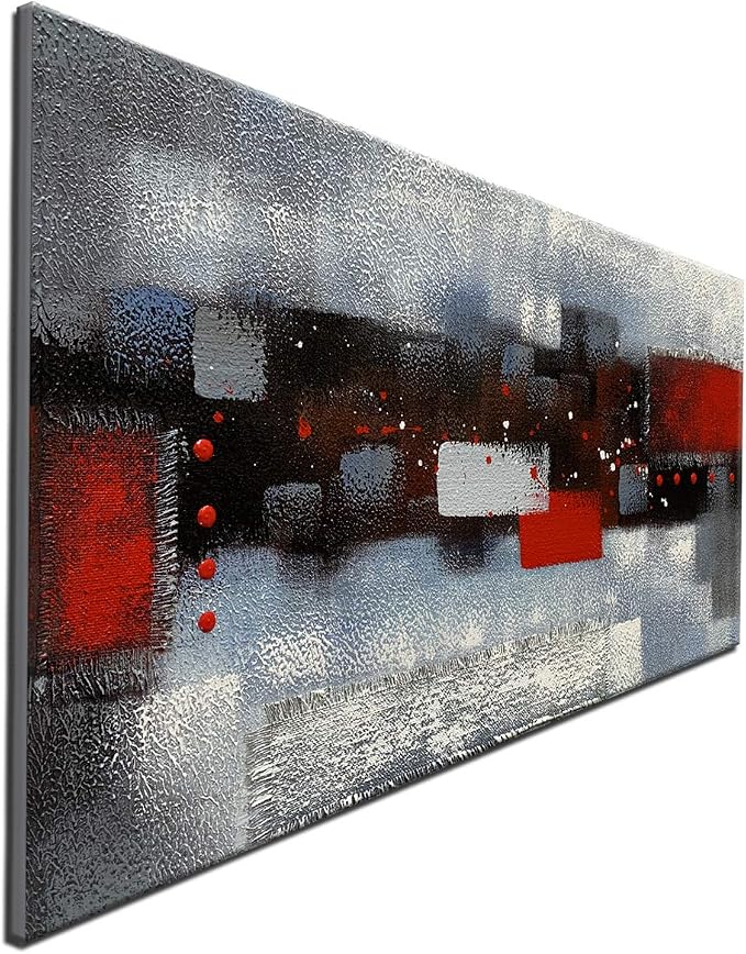 Handmade Abstract Red Gray Oil Painting, Thick Textured Linen Artwork, Modern Decoration Wall Art, Framed Painting Picture 48x24inch