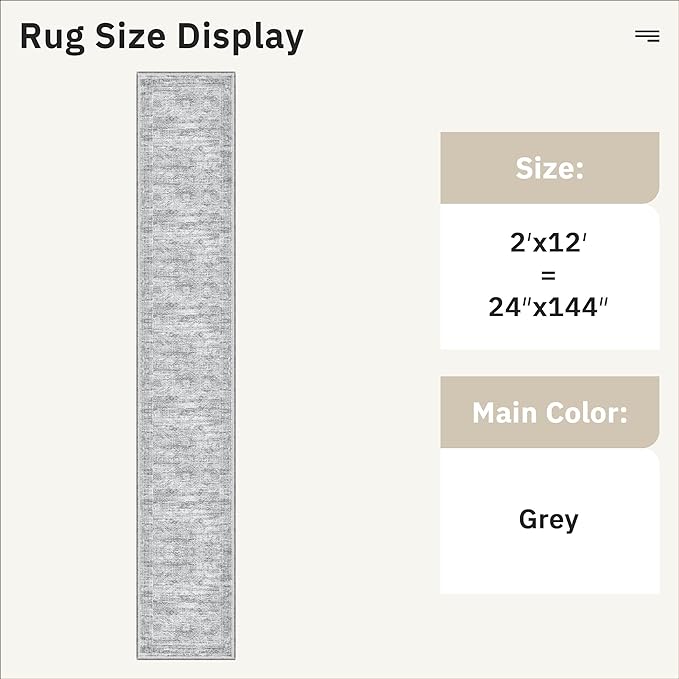 Soalmost Runner Rug 2x12 Washable Non-Slip Hallway Runner Rugs for Kitchen Bathroom Laundry Room Grey Vintage Floor Carpet Runners for Hallways Entryway