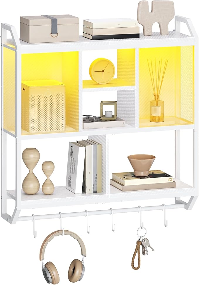 HOOBRO Gaming Floating Shelves with LED Lights, 28.7" LED Wall Mounted Shelf, 3-Tier Display Rack for Wall Storage, Floating Rack with Hanging Rod and 6 S-Hooks, for Gaming Room, White WT70DBJ01