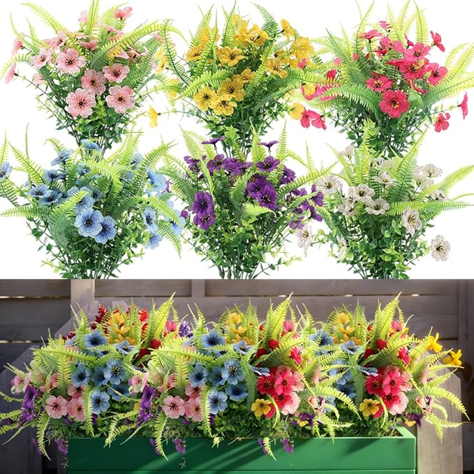 ZEOSTARO Artificial Outdoor Plants 12 Bundles Fake Boston Fern with Eucalyptus Flowers Faux UV Resistant Greenery Garden Window Box Porch Farmhouse Hanging Decor(Mix Flowers&Fern)