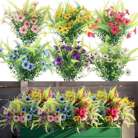 ZEOSTARO Artificial Outdoor Plants 12 Bundles Fake Boston Fern with Eucalyptus Flowers Faux UV Resistant Greenery Garden Window Box Porch Farmhouse Hanging Decor(Mix Flowers&Fern)