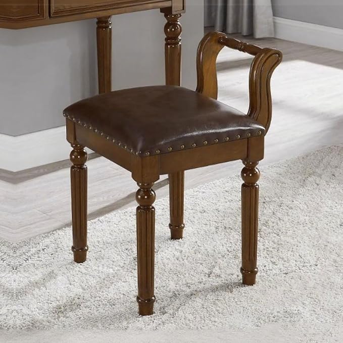 Leather Ottoman Vanity Stool,Brown Chair for Makeup Room,Upholstered Fabric Vanity Bench Seat for Bedroom Living Room Dining Room Makeup Chair Piano (Walnut, 23×17×15)