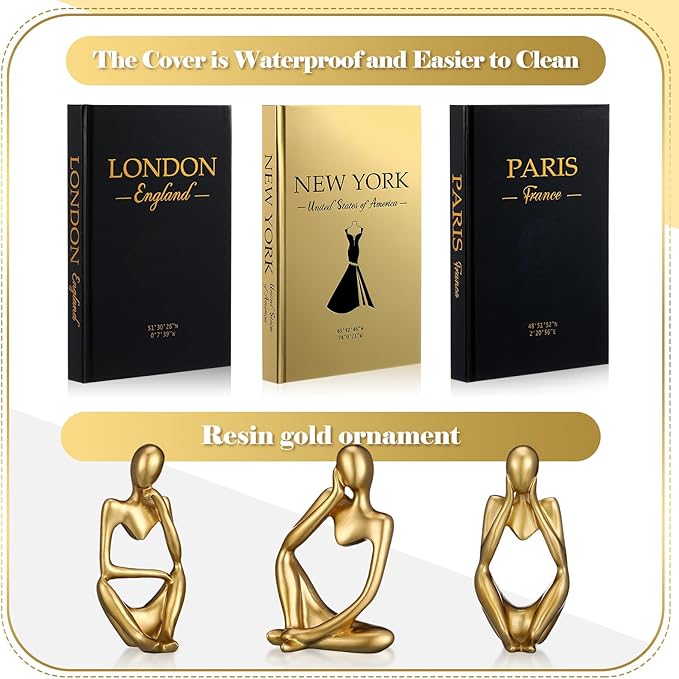 Feifeiya 6 Pcs Gold and Black Color Decorative Book & Thinker Statue Set - 3 Books Accents 3 Thinker Abstract Art Sculpture Home Decoration for Living Room Bookshelf Table Decor