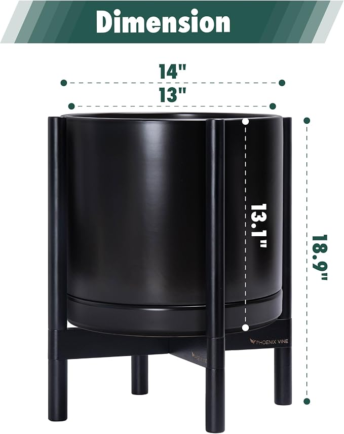 D'vine Dev Ceramic Planter with Ebony Stand - 14 Inch Modern Round Flower Pot with Wood Planter Holder, Black, 55-B-S-2