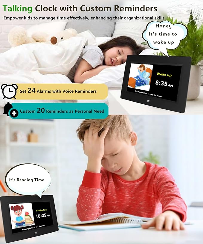 MASSII Digital Teaching Clock Talking Time, 24 Alarms Custom Reminders, Checklist to-Do List, Auto DST & Calendar Display, Sleep Trainer, Easy to Use for Kids Birthday Gift- Black with Remote