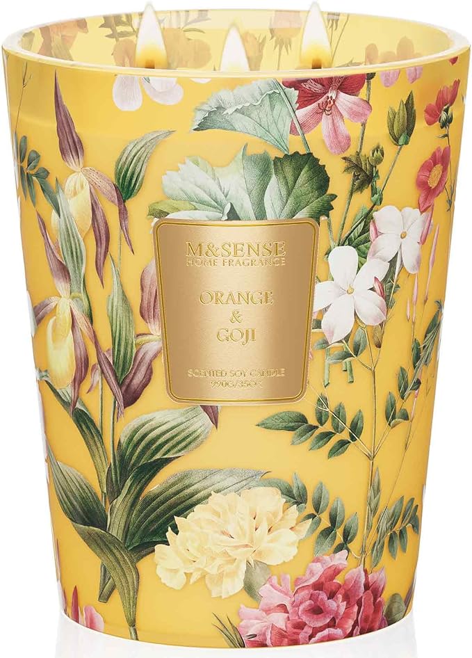 M&SENSE Orange Goji Soy Candle, 35oz 3-Wick, Summer Refresh Scent | 150H Long Burn, Non-Toxic, Large Jar, Stress Relief Home Fragrance, Relaxation, Citrus Burst Housewarming Gift