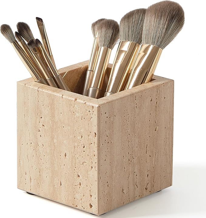 Real Luxurious Natural Marble Toothbrush Holder & Makeup Brush Organizer & Pen Holder for Desk,3.93inch Square Marble Utensil Holder Non-Ceramic/Non-Resin （Travertine）