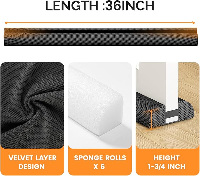 fowong Door Draft Stopper, 36" Under Door Draft Stopper Soundproofing, 30 Inch to 36 Inch Triangle Noise Blocker Seal Large Gap up to 1.7", Easy to Install Black