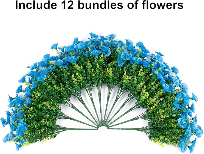 HyeFlora Artificial Fake Outdoor Flowers Plants for Spring Summer Decor, 12 Bundles Outside Silk Blue Morning Glory UV Resistant Look Real Faux Flowers for Front Door Patio Porch Yard Window Balcony