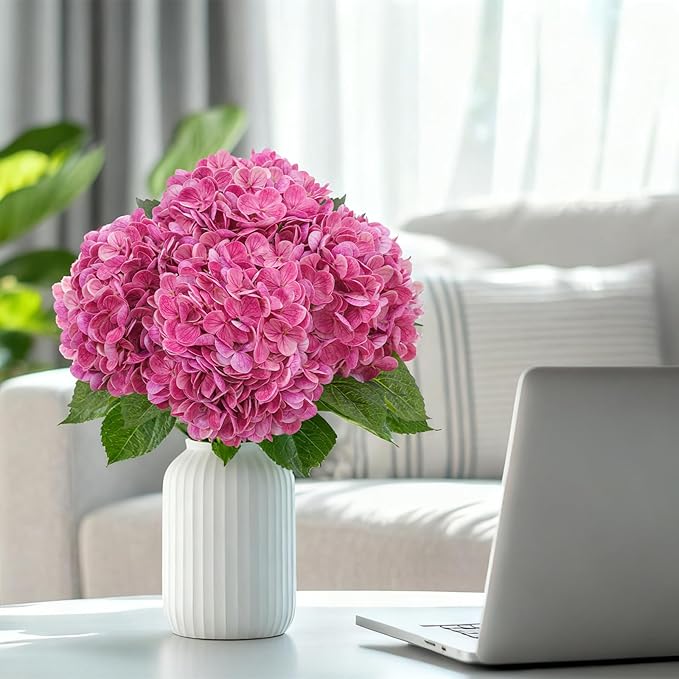 4 Pcs Artificial Hydrangea Silk Flowers with Stems, 19.7" Rose Pink Faux Hydrangeas Bouquet, 240 Petals, UV Resistant & Waterproof Fake Flower for Outdoor Wedding Home Decor