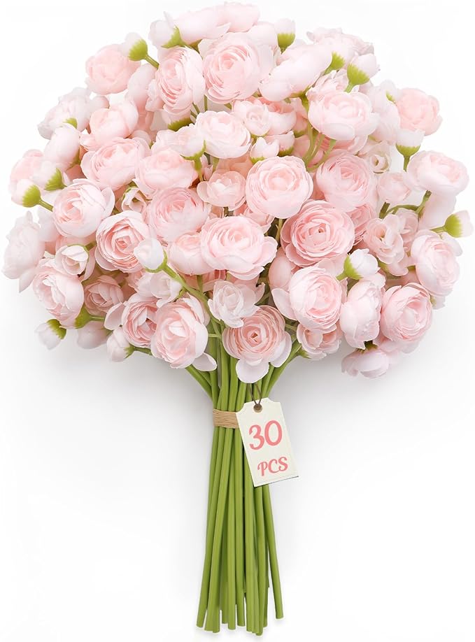 Alupssuc 30Pcs Ranunculus Artificial Flowers Faux Silk Mini Ranunculus, Spring Flowers Artificial Indoor for DIY Bouquets, Bulk Fake Wedding Filler Flowers for Bride Shower Decorations, Shabby Blush