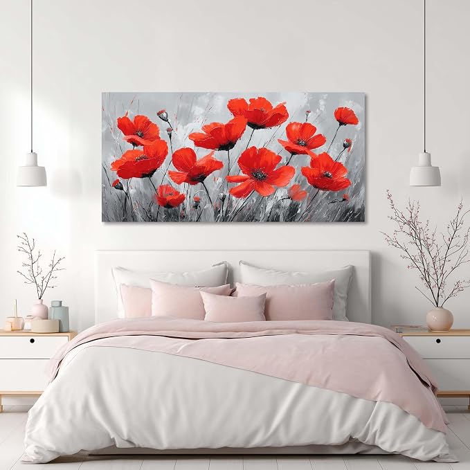 Ggaafet Red Wildflower Wall Art for Living Room Canvas Oil Painting Prints Beautiful Flowers Floral Blooming Art Deco Pretty Artwork Office Bedroom Family Dining Room Decor Large