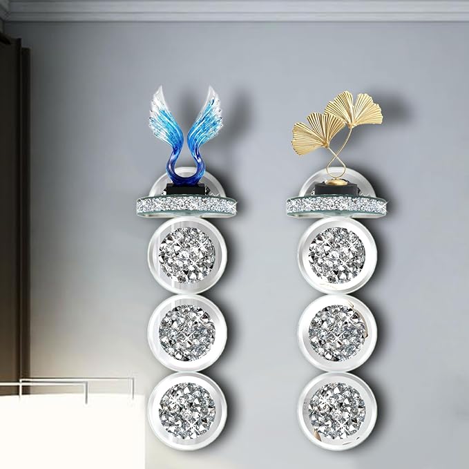 ZOLAPI Set of 2 Crystal Crush Diamond Candle Sconces, Gorgeous Silver Mirrored Wall Sconce, Round Candle Holder Glass Wall Decorations for Home Décor, Living Room, Dining Room.