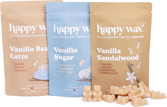 Happy Wax Vanilla Lovers Scented Natural Soy Wax Melts – 6 Oz Total - Includes: Vanilla Bean Latte, Vanilla Sugar and Vanilla Sandalwood