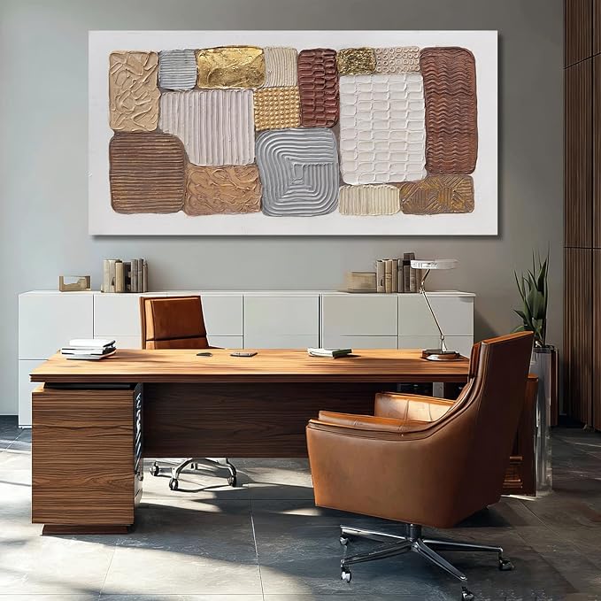 Dolidoteart Abstract Canvas Wall Art, Oversized Earth Tone Geometric Wall Decor Print, Neutral Brown Beige Gold Horizontal Artwork for Living Room Dining Room Office, 28x59 Inch