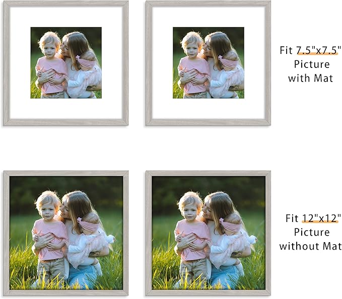 Picrit 12x12 Picture Frame Set of 12, Display 8x8 with Mat or 12 x 12 without Mat, Photo Frames for Wall Mounting Display, Gray
