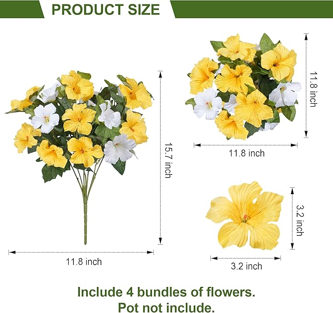 HyeFlora Artificial Flowers for Outdoors 4PCS Faux Petunias Silk Fake Flowers for Outside Planter UV Resistant Realistic Home Garden Porch Decor (Yellow 4branches)